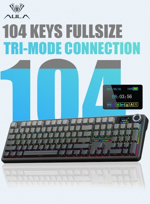 F108 PRO Wireless Gaming Keyboard with Screen, 8000mAh Battery, 104 Hot-Swappable and Programmable Keys and Knob, RGB Backlight, for Mac/PC/Android (Black Gradient)