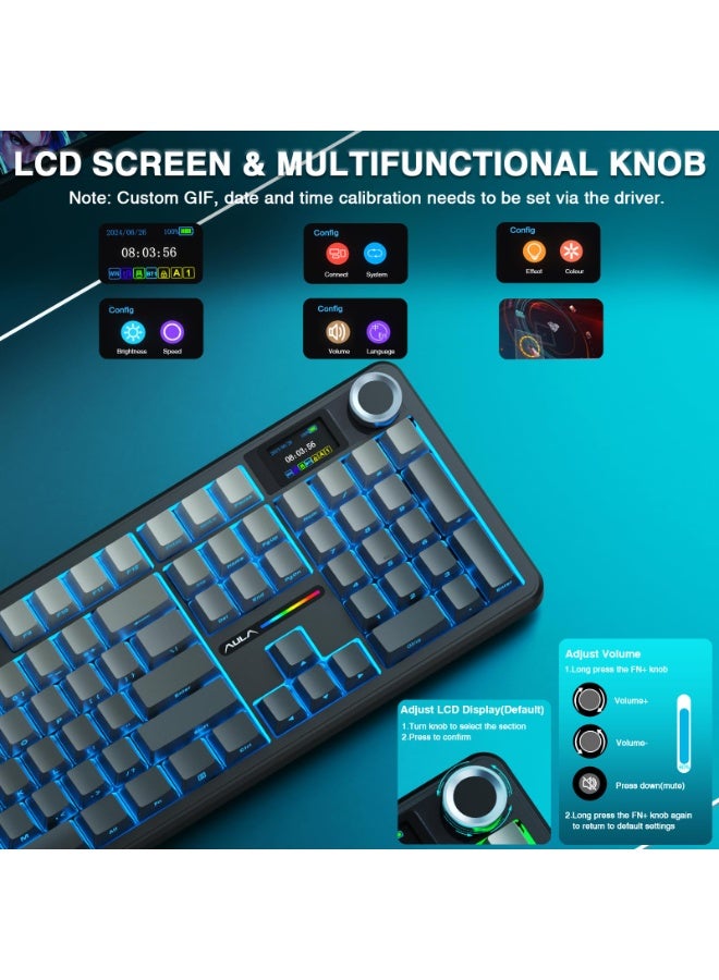F108 PRO Wireless Gaming Keyboard with Screen, 8000mAh Battery, 104 Hot-Swappable and Programmable Keys and Knob, RGB Backlight, for Mac/PC/Android (Black Gradient)