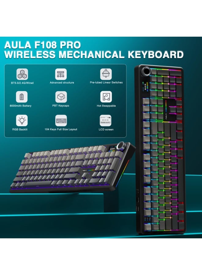 F108 PRO Wireless Gaming Keyboard with Screen, 8000mAh Battery, 104 Hot-Swappable and Programmable Keys and Knob, RGB Backlight, for Mac/PC/Android (Black Gradient)