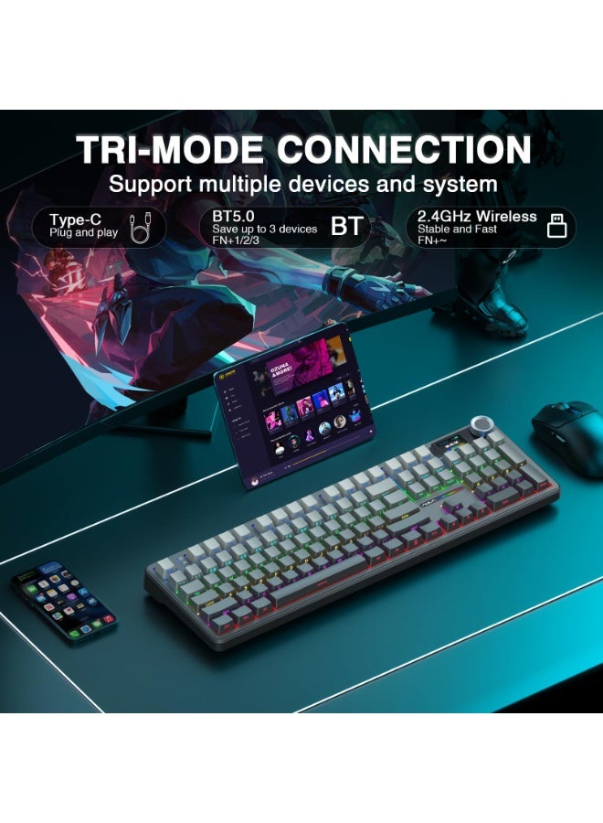 F108 PRO Wireless Gaming Keyboard with Screen, 8000mAh Battery, 104 Hot-Swappable and Programmable Keys and Knob, RGB Backlight, for Mac/PC/Android (Black Gradient)
