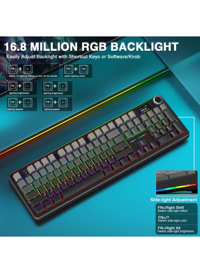 F108 PRO Wireless Gaming Keyboard with Screen, 8000mAh Battery, 104 Hot-Swappable and Programmable Keys and Knob, RGB Backlight, for Mac/PC/Android (Black Gradient)