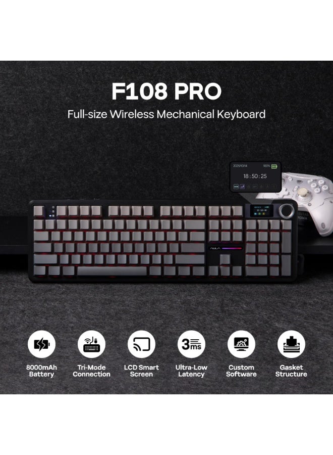 F108 PRO Wireless Gaming Keyboard with Screen, 8000mAh Battery, 104 Hot-Swappable and Programmable Keys and Knob, RGB Backlight, for Mac/PC/Android (Black Gradient)