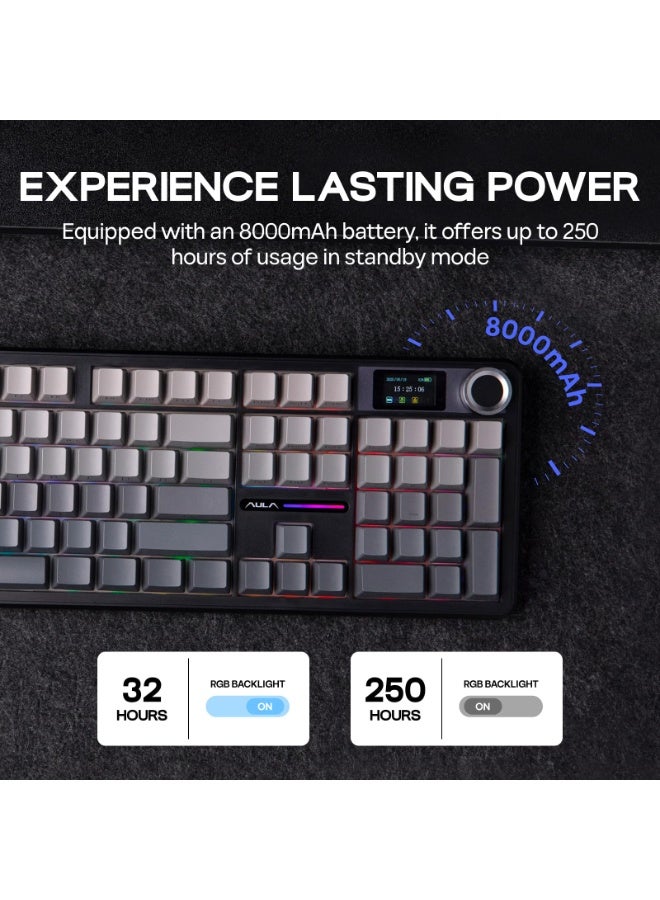 F108 PRO Wireless Gaming Keyboard with Screen, 8000mAh Battery, 104 Hot-Swappable and Programmable Keys and Knob, RGB Backlight, for Mac/PC/Android (Black Gradient)