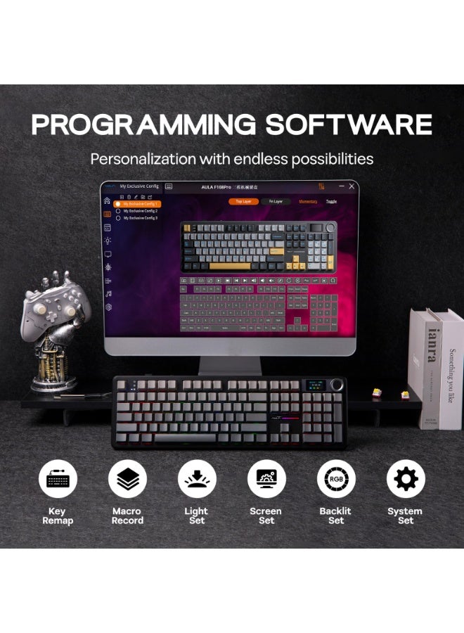 F108 PRO Wireless Gaming Keyboard with Screen, 8000mAh Battery, 104 Hot-Swappable and Programmable Keys and Knob, RGB Backlight, for Mac/PC/Android (Black Gradient)