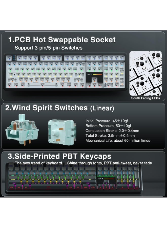 أولا لوحة مفاتيح ميكانيكية لاسلكية F108، لوحة مفاتيح ميكانيكية لاسلكية، لوحة مفاتيح ألعاب بالحجم الكامل مع لوحة أرقام، أغطية مفاتيح مطبوعة من مادة PBT، مفاتيح مزيتة مسبقًا، إضاءة خلفية RGB، لوحات مفاتيح كمبيوتر ذات صوت كريمي قابل للتبديل السريع، 108 مفاتيح - Image 5