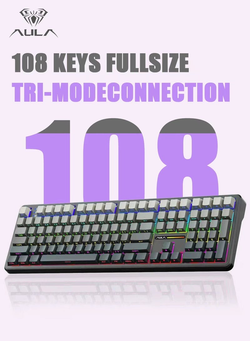 أولا لوحة مفاتيح ميكانيكية لاسلكية F108، لوحة مفاتيح ميكانيكية لاسلكية، لوحة مفاتيح ألعاب بالحجم الكامل مع لوحة أرقام، أغطية مفاتيح مطبوعة من مادة PBT، مفاتيح مزيتة مسبقًا، إضاءة خلفية RGB، لوحات مفاتيح كمبيوتر ذات صوت كريمي قابل للتبديل السريع، 108 مفاتيح - Image 1