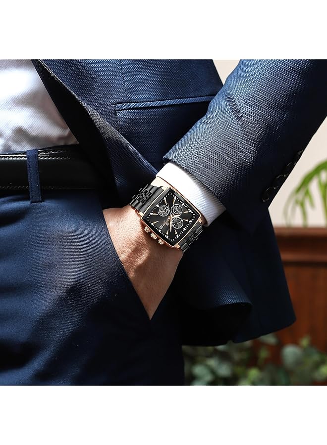 KASTWAVE Square Mens Wrist Watches Luxury Fashion Analog Quartz Watch Classic Big Face Chronograph Waterproof Luminous Date Stainless Business Watches For Men - Image 4