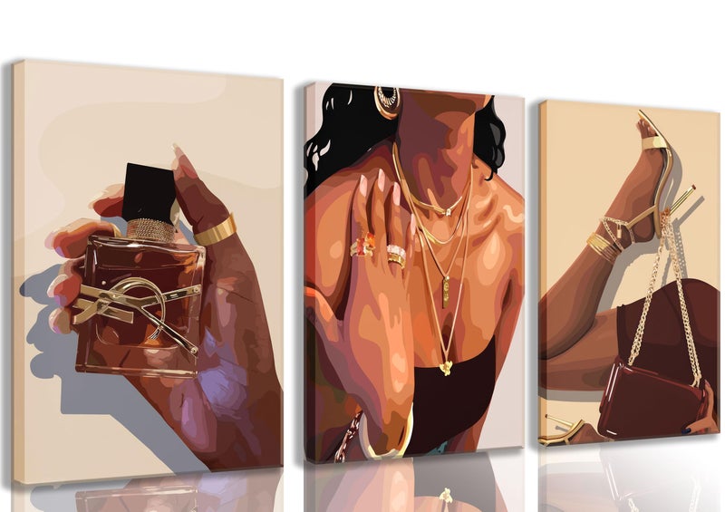 EVPYXFUT 3Pcs Black Girl Wall Art African American Canvas Woman Pictures Fashion Girl Abstract Posters Prints Boho Black Female Paintings for Nordic Minimalist Room Bedroom Wall Decor Framed - Image 1