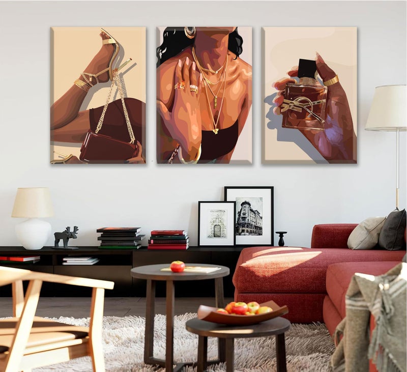 EVPYXFUT 3Pcs Black Girl Wall Art African American Canvas Woman Pictures Fashion Girl Abstract Posters Prints Boho Black Female Paintings for Nordic Minimalist Room Bedroom Wall Decor Framed - Image 2