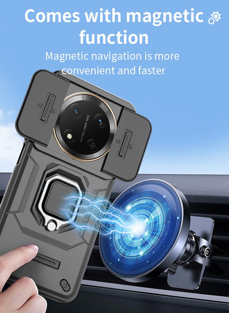 Honor X9c 5G Case Cover with Slide Camera Cover  Ring Holder, Luxury Armor Kickstand Shell Scratch-Resistant Shock-Absorbing Protector Accessories Kickstand Stand Magnetic Car Ring Holder Protection - Image 3