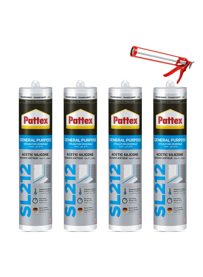 باتكس سيليكون أسيتيك متعدد الأغراض SL212، شفاف، مع مسدس سد - عبوة من 4 قطع - Image 1