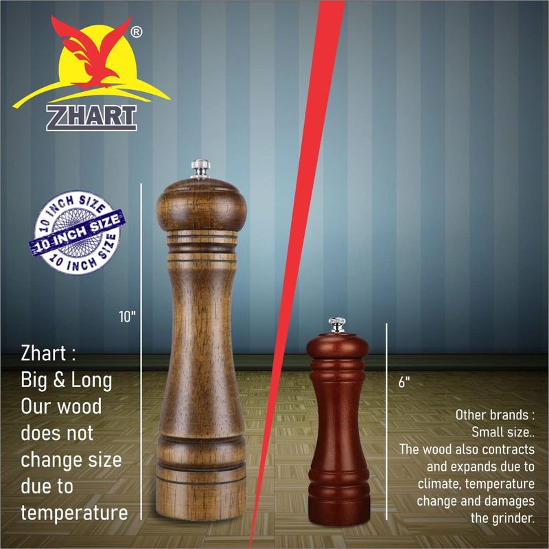 Zhart Long 10" size Oak Solid Wooden Salt and Pepper Mill Grinder with Adjustable Coarseness Setting for Home Kitchen Party Gift - Image 3