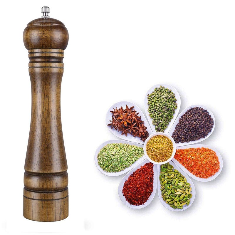 Zhart Long 10" size Oak Solid Wooden Salt and Pepper Mill Grinder with Adjustable Coarseness Setting for Home Kitchen Party Gift - Image 1