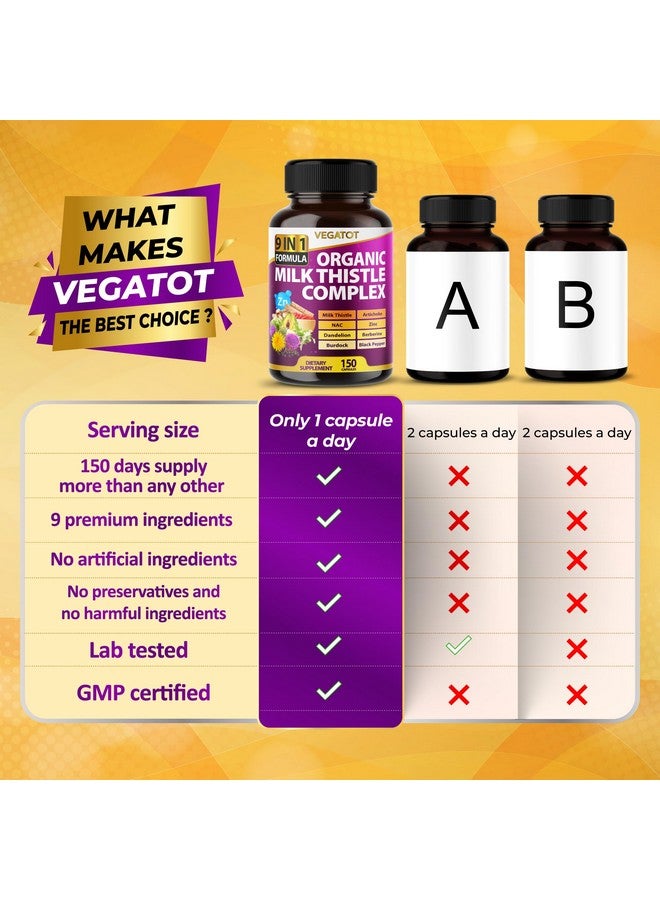 VEGATOT Organic Milk Thistle Complex 9 in 1 Formula - with Milk Thistle Artichoke NAC Zinc Dandelion Berberine Burdock Black Pepper (150 Count (Pack of 1)) - Image 3