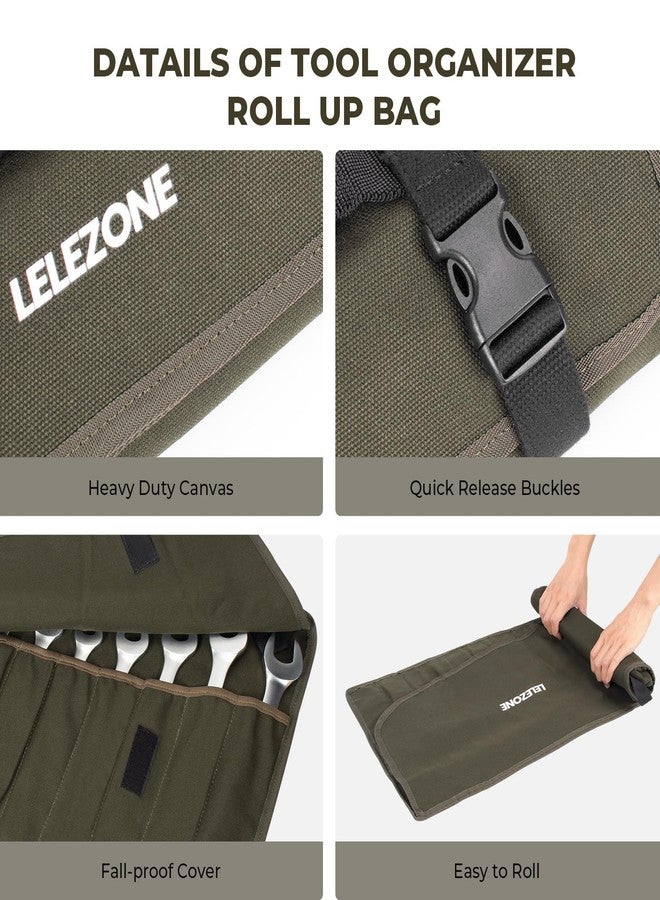 LELEZONE Wrench Roll Up Pouch, 19+1 Pockets Utility Roll, Portable Tool Organization Roll Bag, Gifts for Men Father Mechanic, Heavy Duty Canvas Wrench Organizer Bag (Green) - Image 5