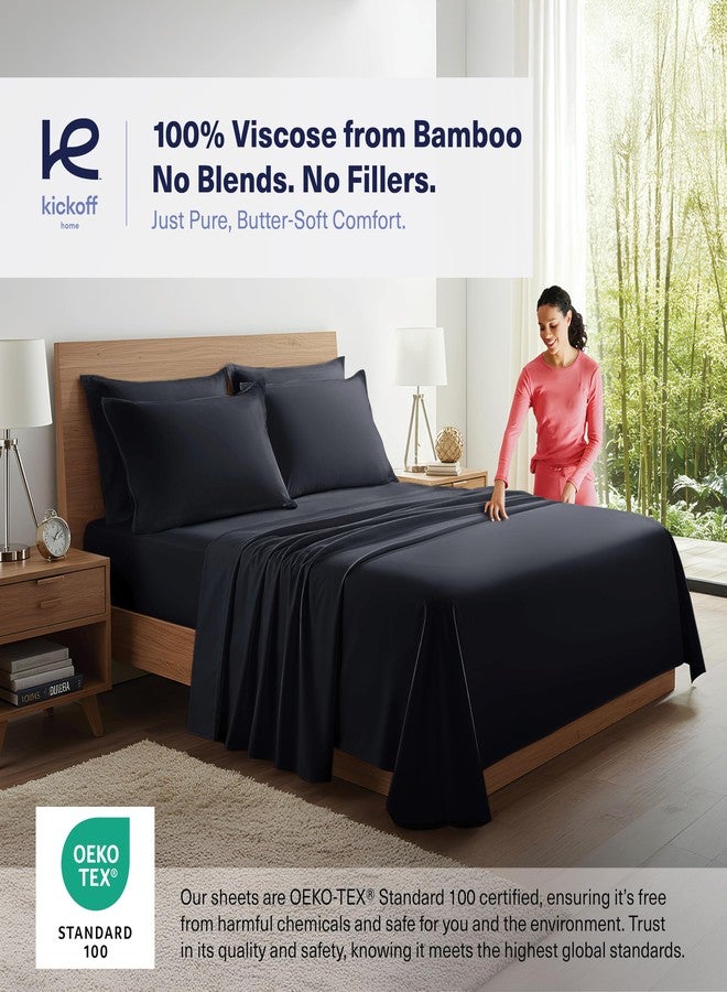 Kickoff Home Kickoff 100% Organically grown Viscose Bamboo 4-pc Bedding Sheet Set, Queen Size, Cooling & Breathable, Double Stitching, Flat & Fitted Sheets, Pillowcases Pillow Covers (Queen, Onyx Black) - Image 2