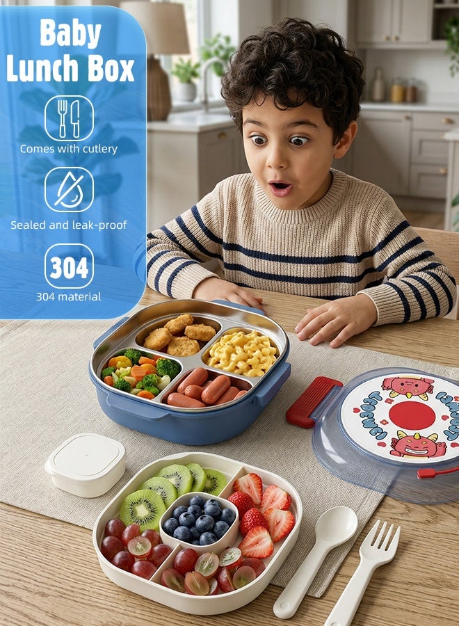 Soft Touch 300ml Stainless Steel Baby Lunch Box, Kids Tiffin Box, Toddler Bento Box with Cutlery, Leakproof Baby Food Container, School Lunch Box with Lock Clips (Blue) - Image 3