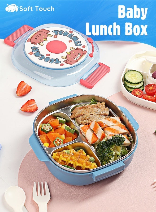 Soft Touch 300ml Stainless Steel Baby Lunch Box, Kids Tiffin Box, Toddler Bento Box with Cutlery, Leakproof Baby Food Container, School Lunch Box with Lock Clips (Blue) - Image 1