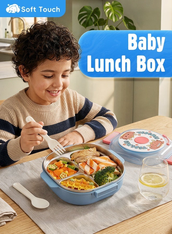 Soft Touch 300ml Stainless Steel Baby Lunch Box, Kids Tiffin Box, Toddler Bento Box with Cutlery, Leakproof Baby Food Container, School Lunch Box with Lock Clips (Blue) - Image 2