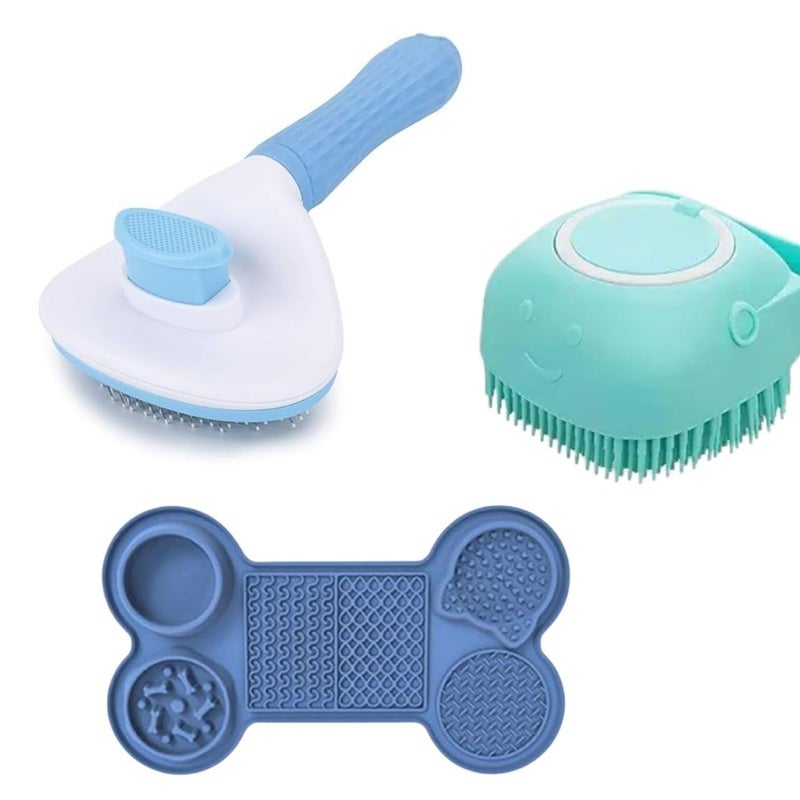 Riviox "Dog Bath Brush with Shampoo Dispenser & Self-Cleaning Slicker Brush + 6-in-1 Bone Lick Mat for Dogs & Cats - Silicone Suction Mat for Anxiety Relief" (pack of 3) - Image 1