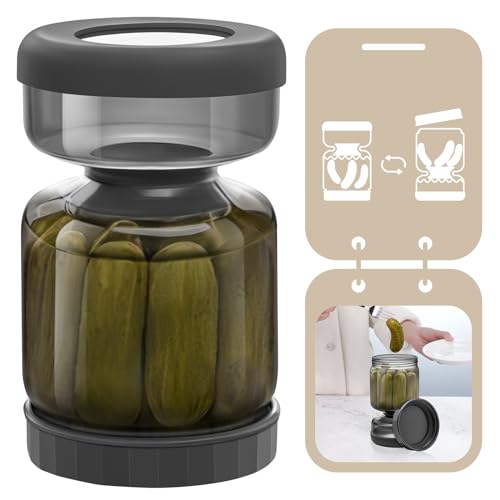 Luvan Pickle Jar with Strainer Flip, 34oz Pickle Container with Strainer, Upside Down Pickle Flip Jar,Glass Pickle Holder with Leakproof Airtight Lid, Hourglass Pickle Storage for Olive,Jalapeno-Grey - Image 1