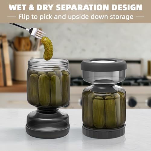 Luvan Pickle Jar with Strainer Flip, 34oz Pickle Container with Strainer, Upside Down Pickle Flip Jar,Glass Pickle Holder with Leakproof Airtight Lid, Hourglass Pickle Storage for Olive,Jalapeno-Grey - Image 4