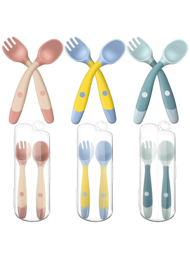 NANAO 3 PCS Toddler Utensils Baby Spoons and Forks Set with Case Bendable Self Feeding Training Flatware Silicone Spoon Fork for Kids Babies Children Handle Toddler Set, Green, Pink, Yellow - Image 1