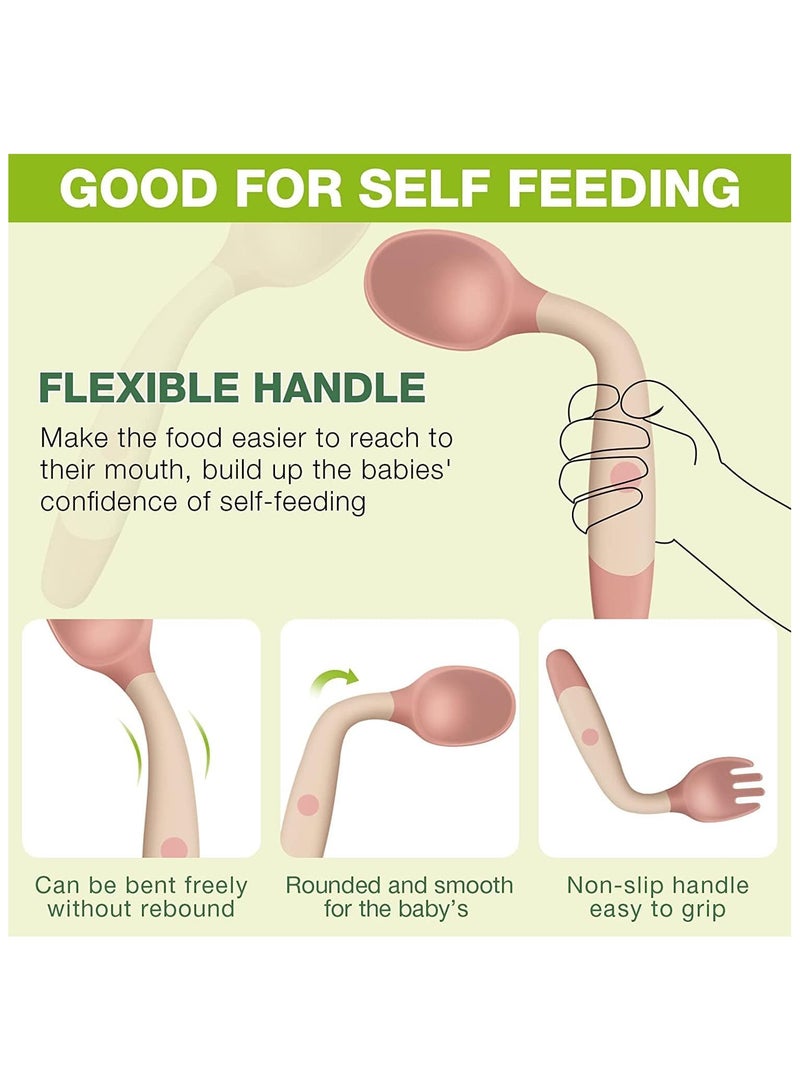 NANAO 3 PCS Toddler Utensils Baby Spoons and Forks Set with Case Bendable Self Feeding Training Flatware Silicone Spoon Fork for Kids Babies Children Handle Toddler Set, Green, Pink, Yellow - Image 2