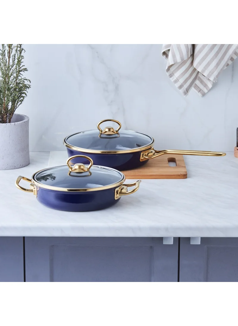 Karaca Piraye Enamel Pan and Pan Set with Lid Navy Blue