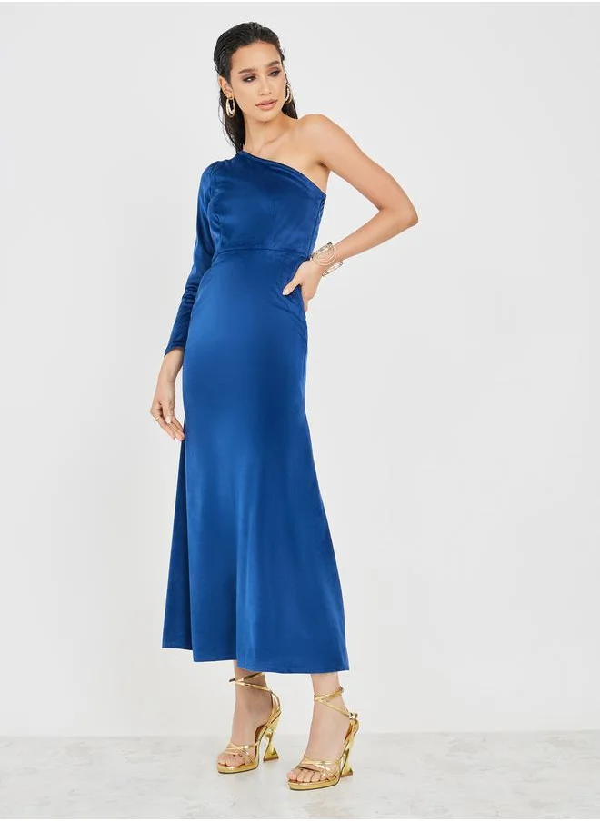 Styli Velvet One Shoulder Sleeve Mermaid Maxi Dress