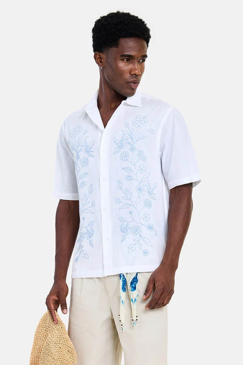 سنيتش White Embroidered Half Sleeve Oversized Vacation Shirt