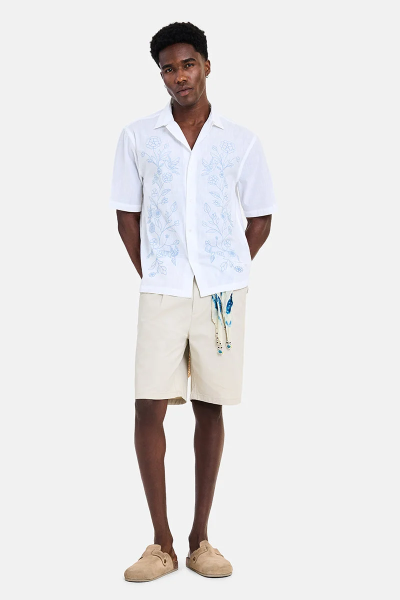 سنيتش White Embroidered Half Sleeve Oversized Vacation Shirt
