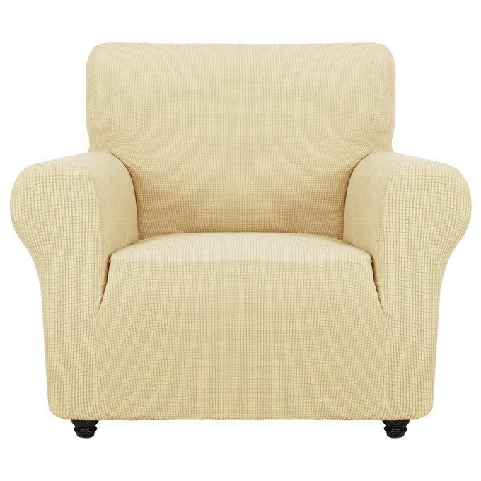 SUPER STRETCH CHAIR SLIPCOVER UNIVERSAL SOFA CHAIR COVERS FOR LIVING ROOM DOGS PET FURNITURE PROTECTOR SPANDEX ARMCHAIR SLIPCOVERS WITH ANTI SLIP FOAM STICKS BEIGE CHAIR