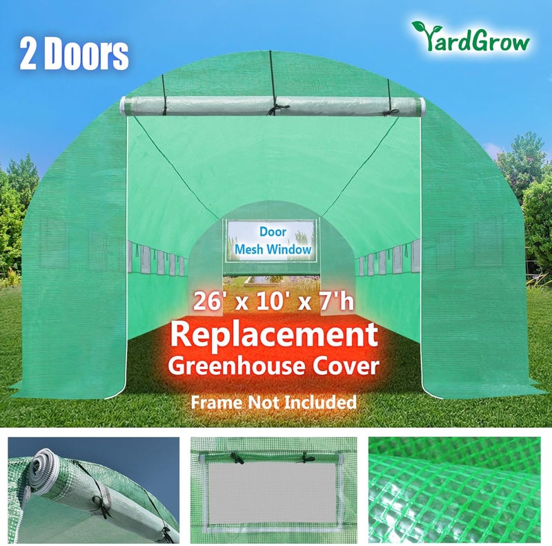YardGrow Greenhouse Replacement Cover Larger Walk in Outdoor Plant Gardening Greenhouse, 2-Doors with 2 Mesh Windows, Frame Does NOT Included (26'x10'x7') - Image 3
