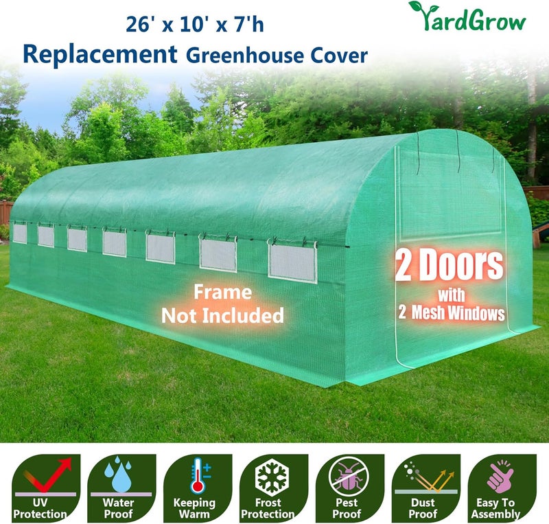 YardGrow Greenhouse Replacement Cover Larger Walk in Outdoor Plant Gardening Greenhouse, 2-Doors with 2 Mesh Windows, Frame Does NOT Included (26'x10'x7') - Image 2