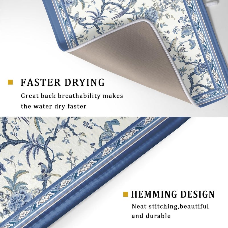 Giwawa Chinoiserie Dish Drying Mat 18x24in Blue White Oriental Floral Birds Kitchen Drainer Mats Porcelain Flowers Absorbent Microfiber Dish Drying Pad Large for Countertop Home Decor - Image 3