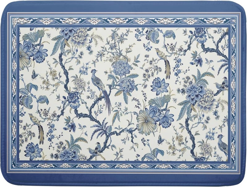 Giwawa Chinoiserie Dish Drying Mat 18x24in Blue White Oriental Floral Birds Kitchen Drainer Mats Porcelain Flowers Absorbent Microfiber Dish Drying Pad Large for Countertop Home Decor - Image 1