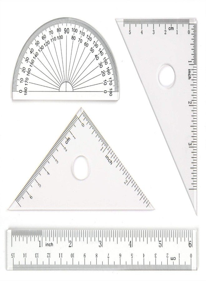 Coopay 4 Pieces Math Geometry Tool Set Includes Plastic Clear Ruler, Protractor, Triangle for School Office Home Supplies (6 inch) - Image 1