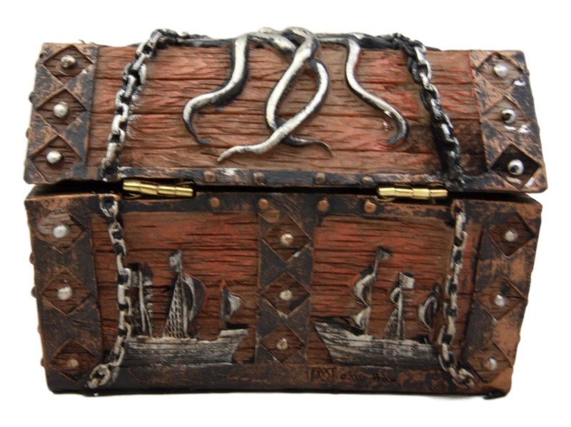Ebros Gift Caribbean Kraken Octopus Pirate Haunted Chained Skull Decorative Treasure Chest Box Jewelry Box Figurine 5""Long Nautical Coastal Ocean Decor - Image 3