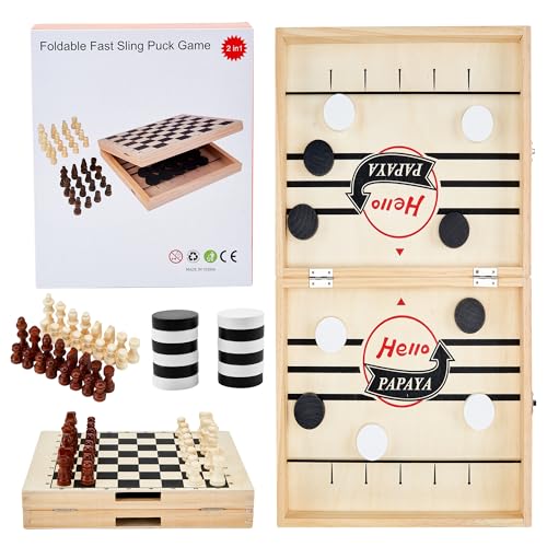 HELLO PAPAYA Foldable Fast Sling Puck Game with Chess Board and Checkers Board Tic Tac Toe Wooden Air Hockey Family NightTable Games Gifts for Adults and Kids - Image 5