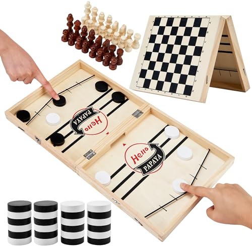 HELLO PAPAYA Foldable Fast Sling Puck Game with Chess Board and Checkers Board Tic Tac Toe Wooden Air Hockey Family NightTable Games Gifts for Adults and Kids - Image 1