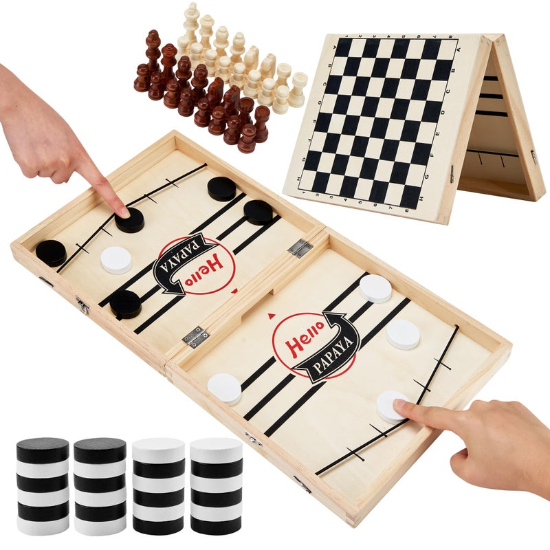 HELLO PAPAYA Foldable Fast Sling Puck Game with Chess Board and Checkers Board Tic Tac Toe Wooden Air Hockey Family NightTable Games Gifts for Adults and Kids - Image 3