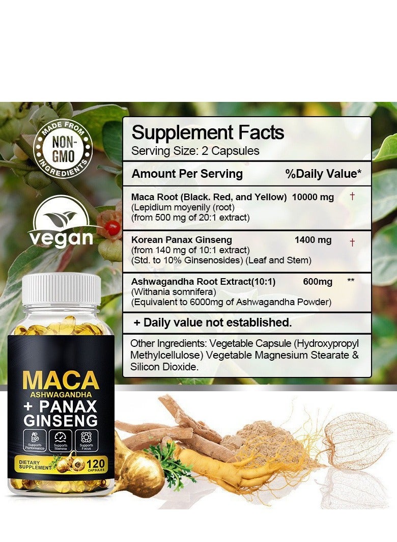 Wins Town Extra Strength Maca Complex High Potency with Ashwagndha, Korean Red Panax Ginseng. Boost Energy, Mood, Stamina & Performance, for Men & Women, 120 Vegan Capsules  - Image 2