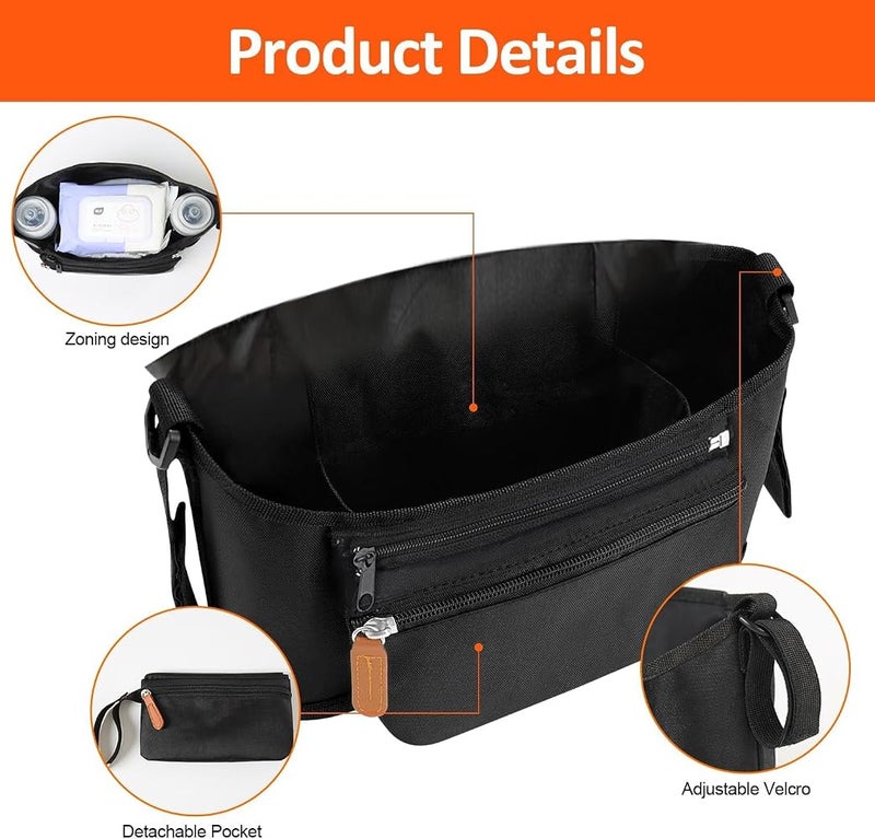 Proxima Direct Stroller Accessories, Universal Baby Stroller Bag Organizer with Heightened Insulated Cup Holders Caddy Pram Fits Most Strollers, Machine Washable (Black) - Image 4