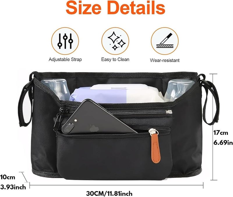 Proxima Direct Stroller Accessories, Universal Baby Stroller Bag Organizer with Heightened Insulated Cup Holders Caddy Pram Fits Most Strollers, Machine Washable (Black) - Image 2