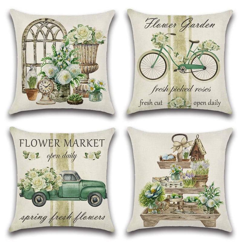 Artscope Set of 4 Waterproof Cushion Covers 45x45cm Decorative Spring  Green Garden Throw Pillow Covers Perfect to Outdoor Patio Garden Bench Living Room Sofa Farmhouse Decor