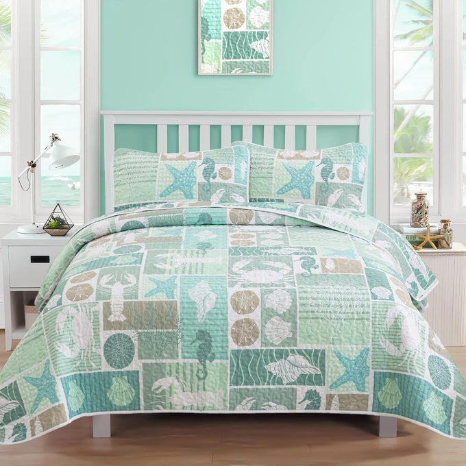 3 PIECES QUILT SET KING COASTAL GREEN THEME QUILT COVERLET SET BEACH REVERSIBLE BEDSPREAD WITH 2 PILLOW SHAMS SOFT MICROFIBER COASTAL BEDDING QUILT SET FOR ALL SEASON 104X90