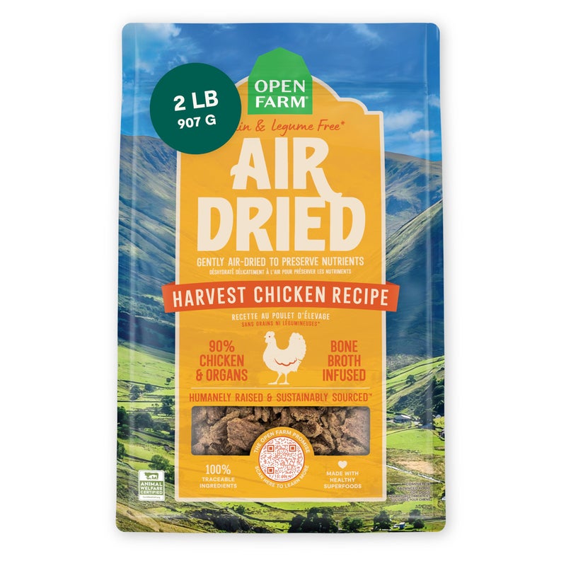 Open Farm Air Dried Dog Food Infused with Bone Broth Grain Legume Free Complete Meal or Food Topper Harvest Chicken Recipe 2lb Bag