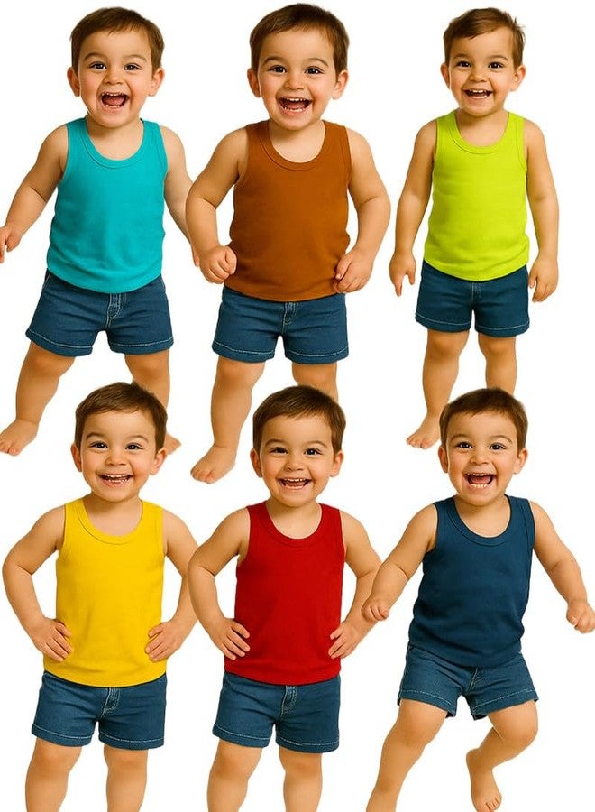 Cortica® Colorful Printed Vest Dark Solid Baniyan Cotton Inner wear for Baby Boys,Baby Girls,Boy's,Girl's,Kids & Infant Sleeveless Undershirts Sando ganji Soft Comfortable Multicolor Pack of 6 - Image 1