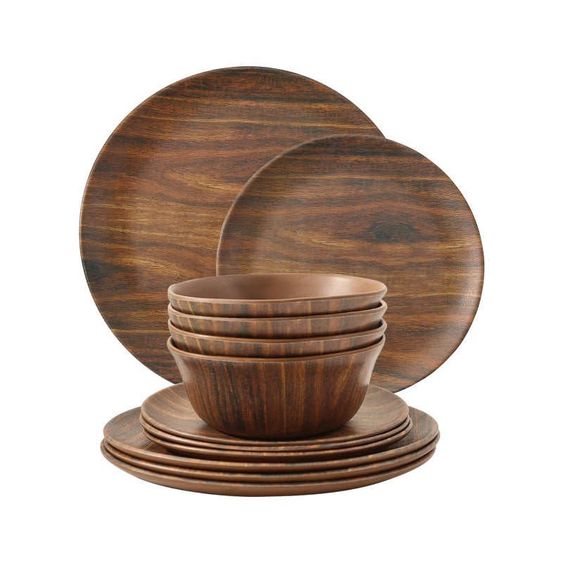 TP 12-Piece Melamine Dinnerware Sets, Plates and Bowls Dishes Set for 4, Break-Resistant & Non-Microwavable, Lightweight Dinner Plates, Wood Grain - Image 1
